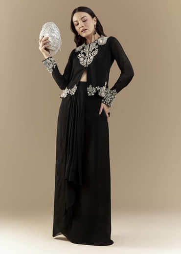 Black Chinon Crop Top and Skirt Set