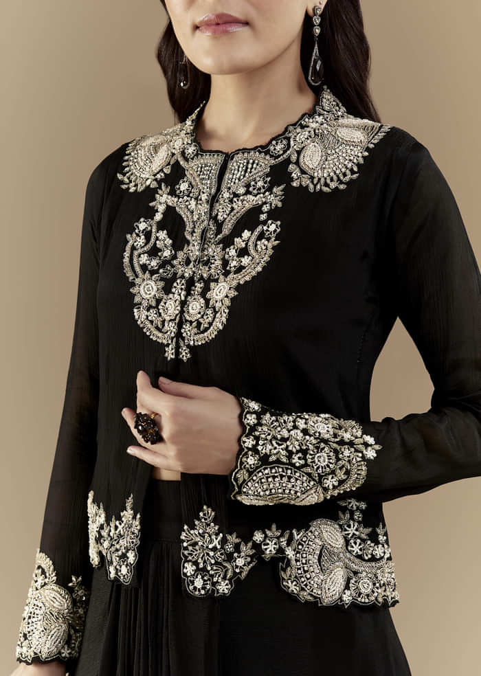 Black Chinon Crop Top and Skirt Set