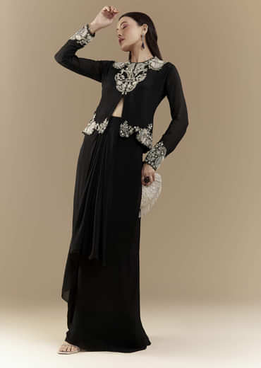 Black Chinon Crop Top and Skirt Set