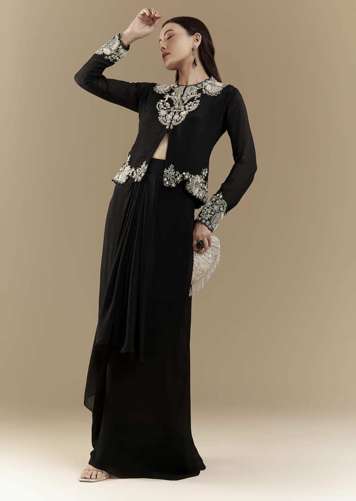 Black Chinon Crop Top and Skirt Set