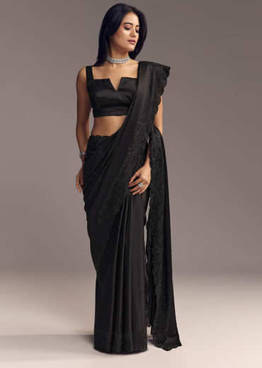 Black Chinon Saree With Thread And Stone Embellishments