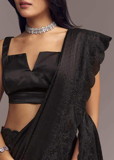 Black Chinon Saree With Thread And Stone Embellishments