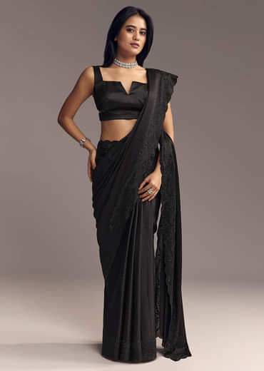 Black Chinon Saree With Thread And Stone Embellishments