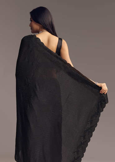 Black Chinon Saree With Thread And Stone Embellishments
