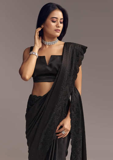 Black Chinon Saree With Thread And Stone Embellishments