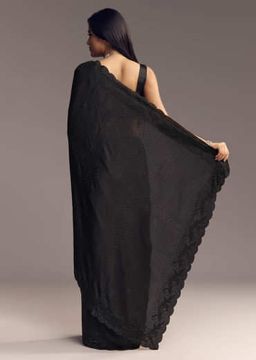 Black Chinon Saree With Thread And Stone Embellishments