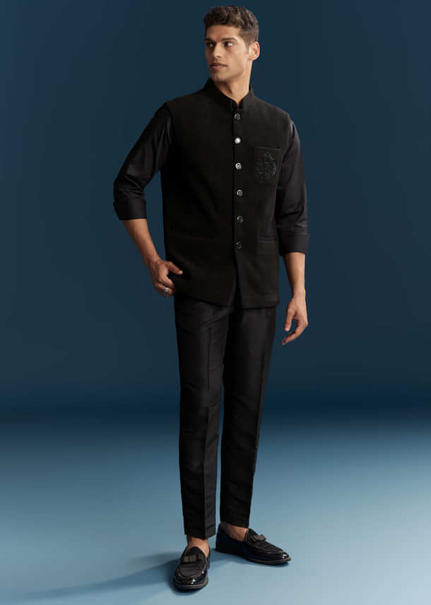 Black Corduroy Kurta Jacket Set For Men With Embroidery Black Corduroy Kurta Jacket Set For Men With Embroidery