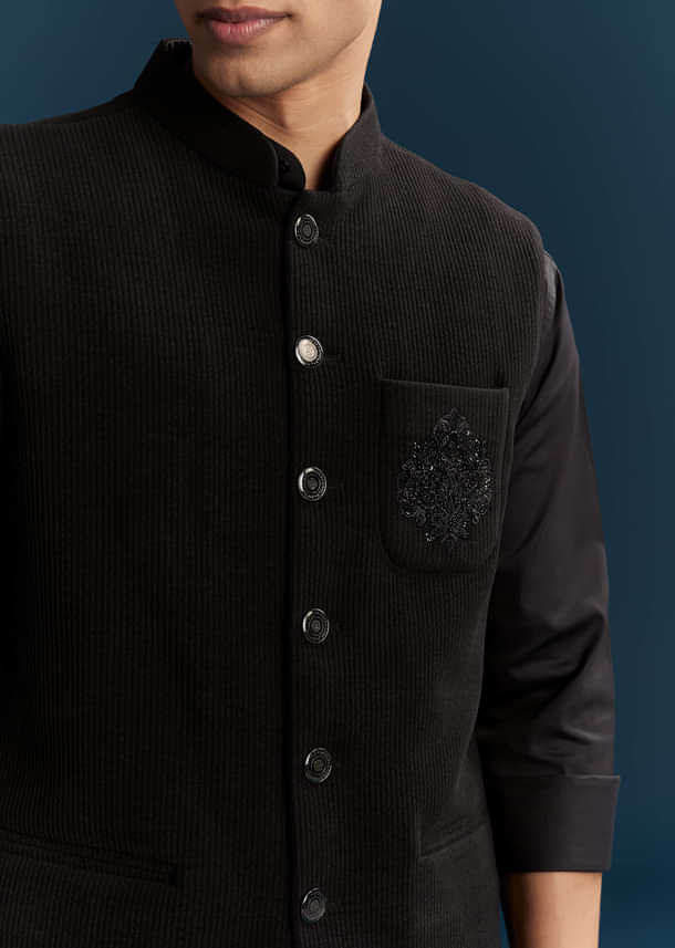 Black Corduroy Kurta Jacket Set For Men With Embroidery Black Corduroy Kurta Jacket Set For Men With Embroidery