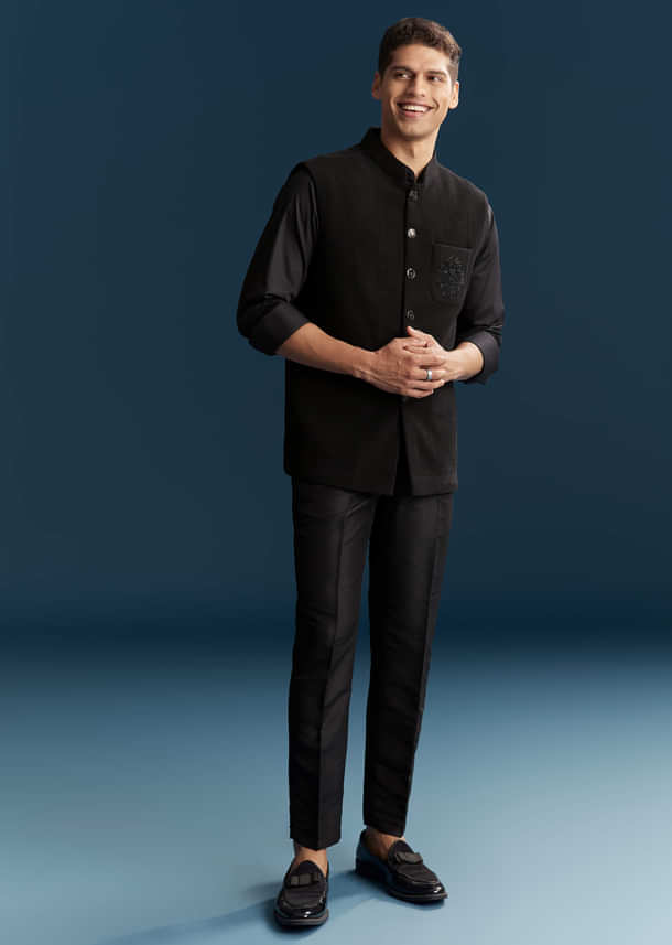 Black Corduroy Kurta Jacket Set For Men With Embroidery Black Corduroy Kurta Jacket Set For Men With Embroidery