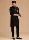Black Cotton Kurta Jacket Set With Embroidered Pocket And Collar