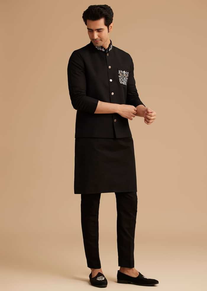 Black Cotton Kurta Jacket Set With Embroidered Pocket And Collar