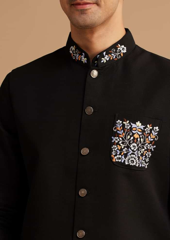 Black Cotton Kurta Jacket Set With Embroidered Pocket And Collar