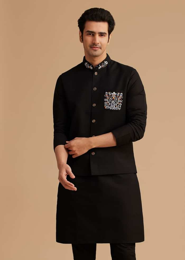 Black Cotton Kurta Jacket Set With Embroidered Pocket And Collar