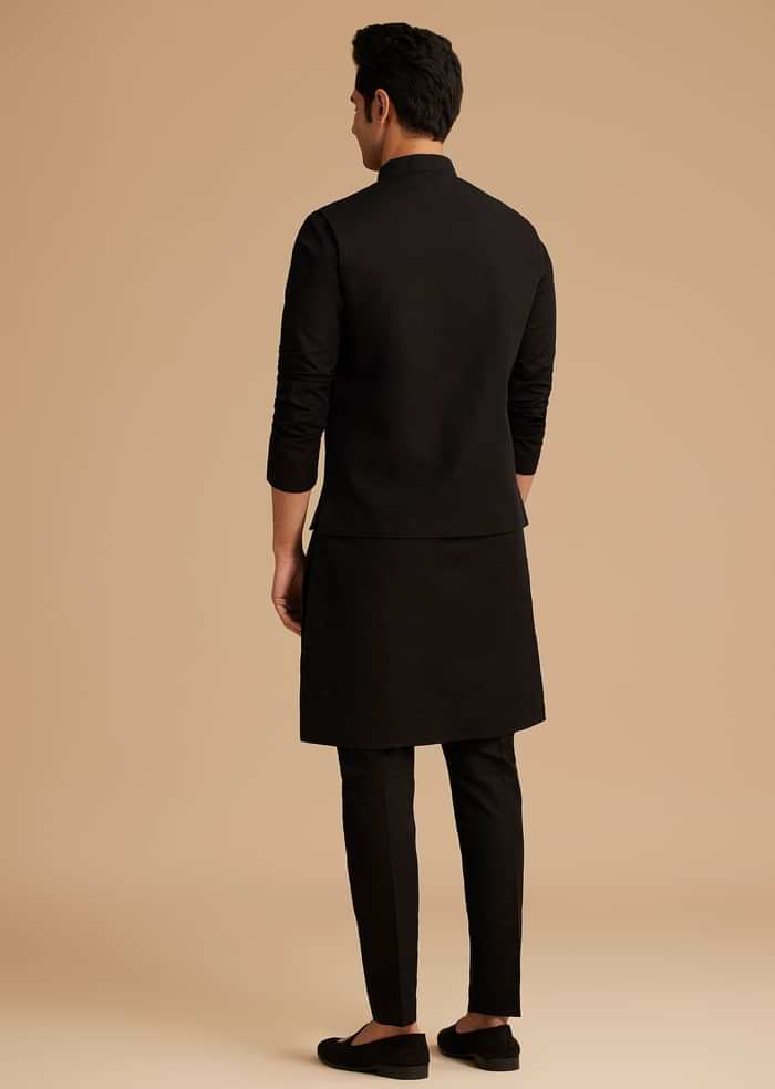 Black Cotton Kurta Jacket Set With Embroidered Pocket And Collar