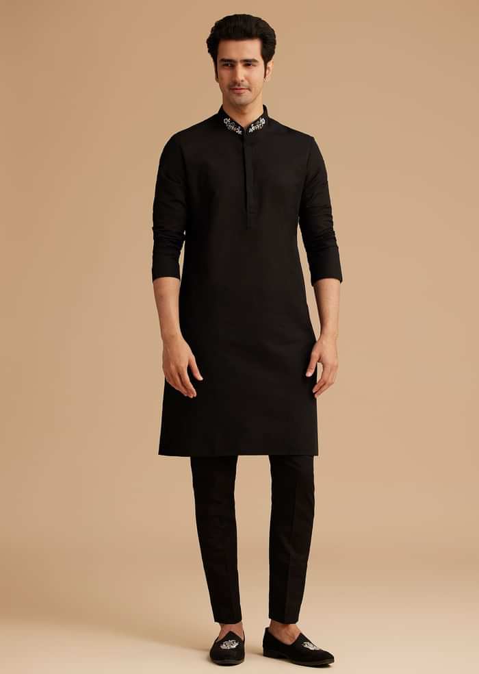 Black Cotton Kurta Jacket Set With Embroidered Pocket And Collar