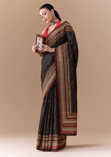 Black Cotton Linen Saree with Blouse Fabric
