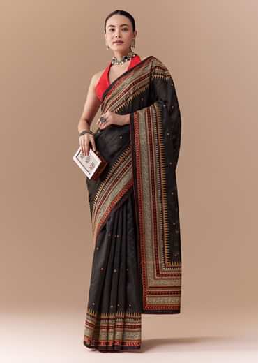 Black Cotton Linen Saree with Blouse Fabric