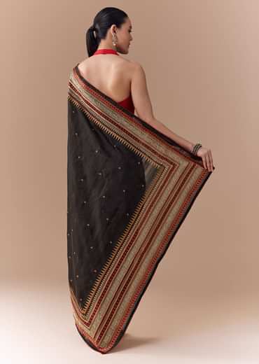 Black Cotton Linen Saree with Blouse Fabric