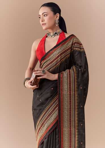 Black Cotton Linen Saree with Blouse Fabric