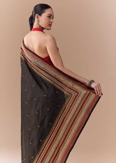 Black Cotton Linen Saree with Blouse Fabric