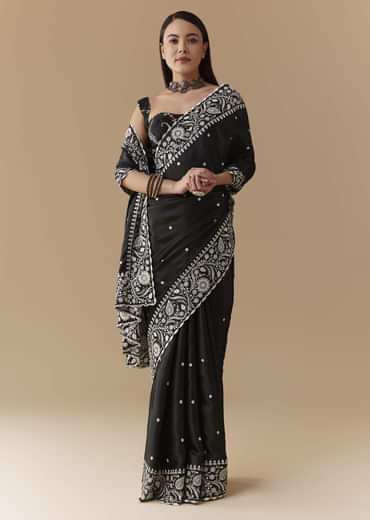 Black Cotton Satin Embellished Saree with Unstitched Blouse