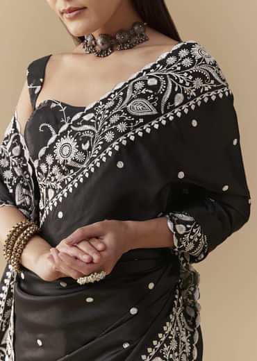Black Cotton Satin Embellished Saree with Unstitched Blouse