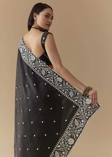 Black Cotton Satin Embellished Saree with Unstitched Blouse