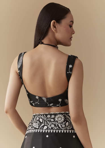 Black Cotton Satin Embellished Saree with Unstitched Blouse