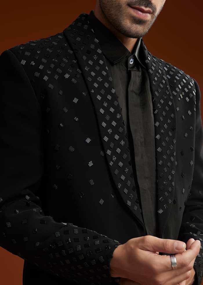 Black Cotton Satin Suit Set With Hand Embroidery