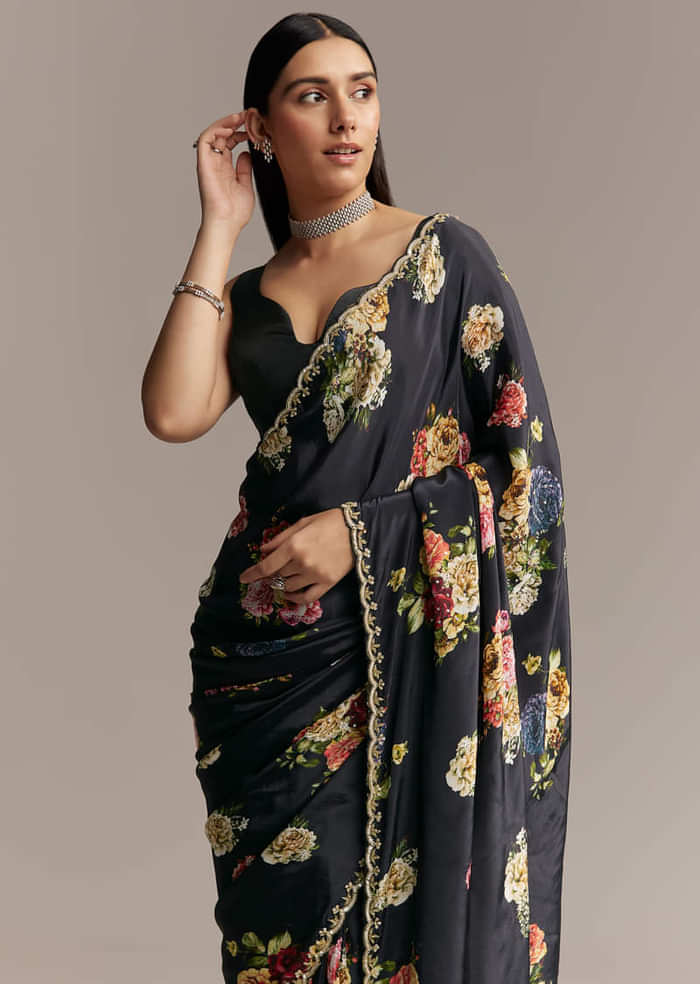 Black Crepe Saree With Floral Digital Print And Embroidered Border