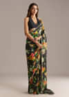 Black Crepe Saree With Floral Print And Stone Embroidery