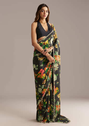 Black Crepe Saree With Floral Print And Stone Embroidery