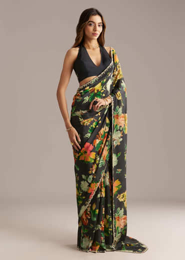 Black Crepe Saree With Floral Print And Stone Embroidery