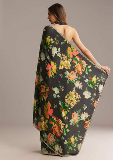 Black Crepe Saree With Floral Print And Stone Embroidery