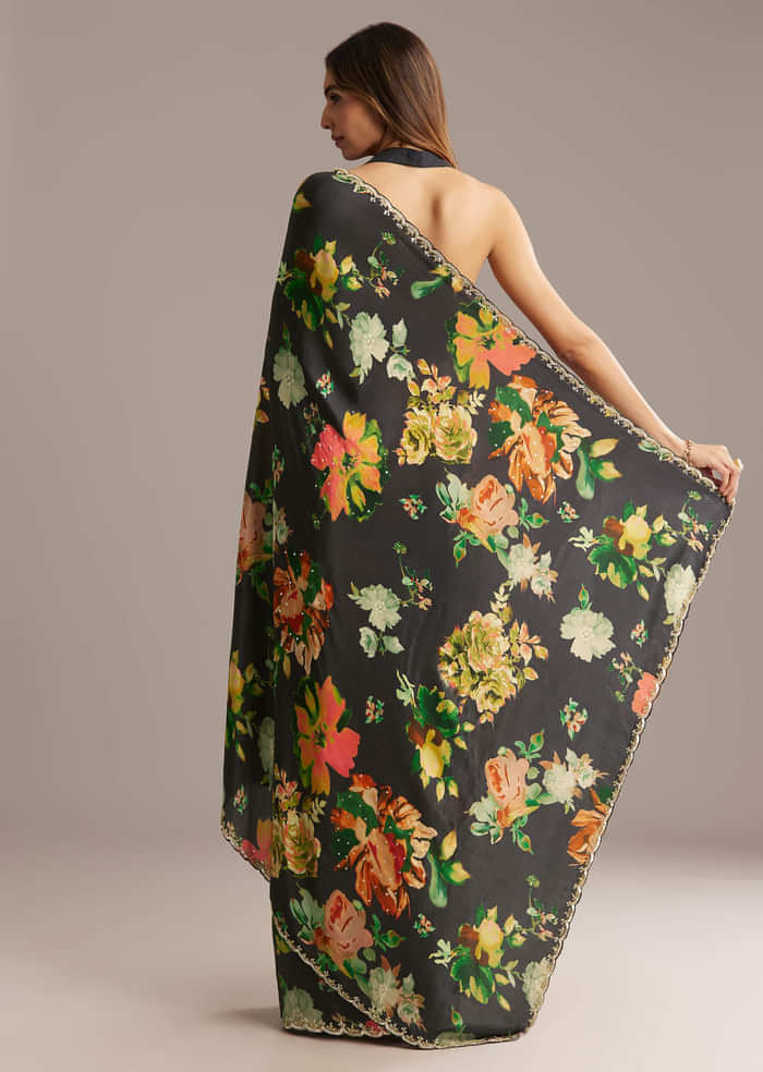 Black Crepe Saree With Floral Print And Stone Embroidery