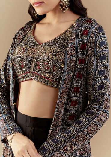 Black Crop Top and Skirt Set with Ajrakh