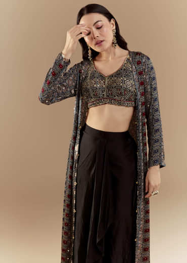 Black Crop Top and Skirt Set with Ajrakh