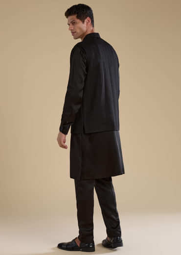 Black Cutwork Mens Jacket Kurta and Pant Set