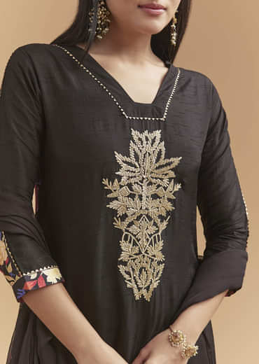 Black Dola Silk Kurta Set With Gota Work And Floral Print