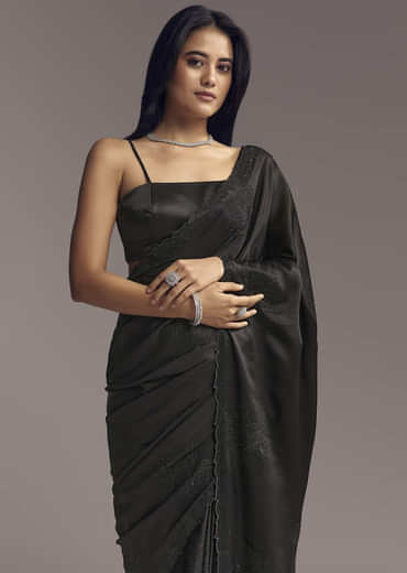 Black Embellished Chinon Saree With Floral Resham Work