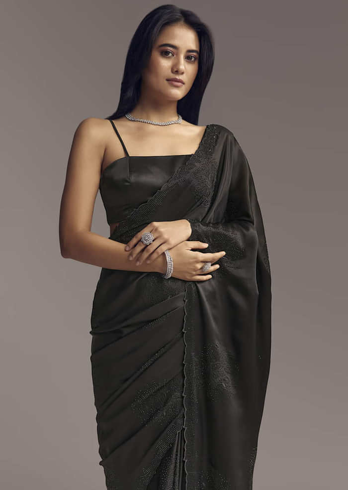 Black Embellished Chinon Saree With Floral Resham Work