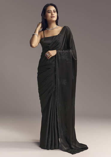 Black Embellished Chinon Saree With Floral Resham Work