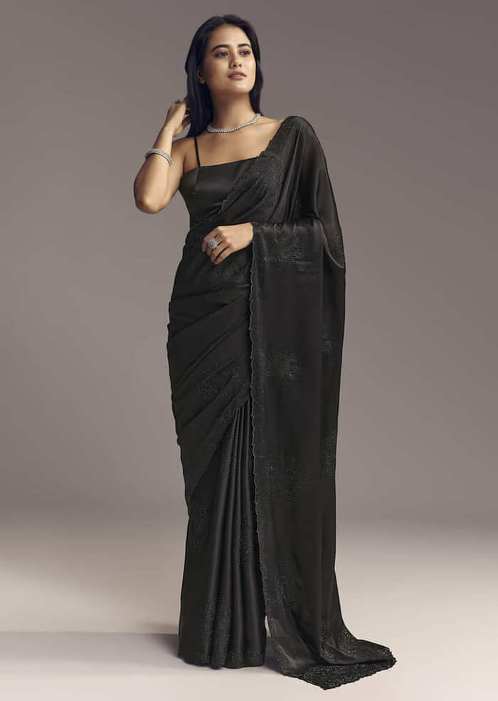 Black Embellished Chinon Saree With Floral Resham Work