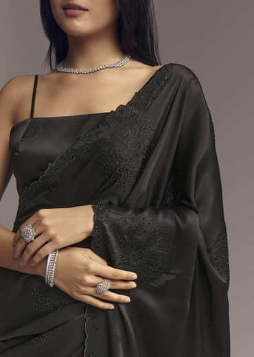 Black Embellished Chinon Saree With Floral Resham Work
