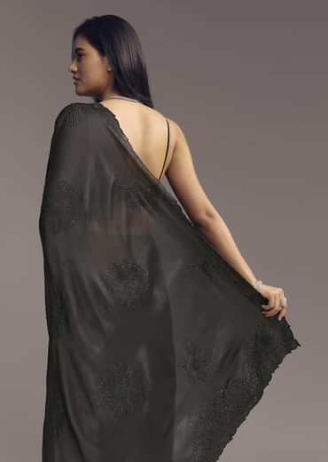 Black Embellished Chinon Saree With Floral Resham Work