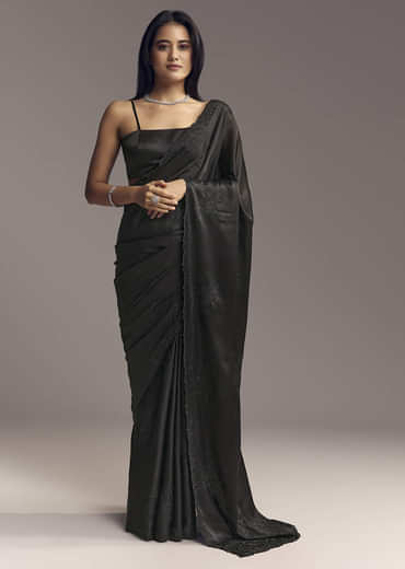 Black Embellished Chinon Saree With Floral Resham Work
