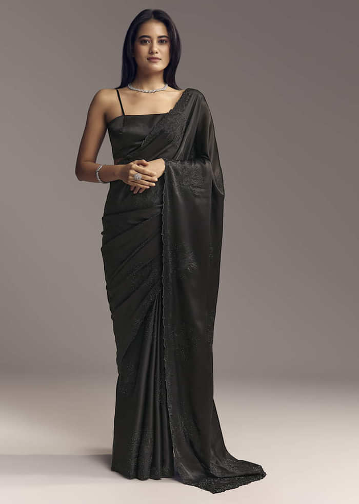 Black Embellished Chinon Saree With Floral Resham Work