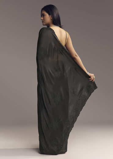 Black Embellished Chinon Saree With Floral Resham Work
