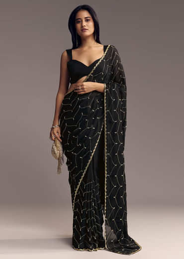 Black Embroidered Chinon Saree With Cut Dana Work