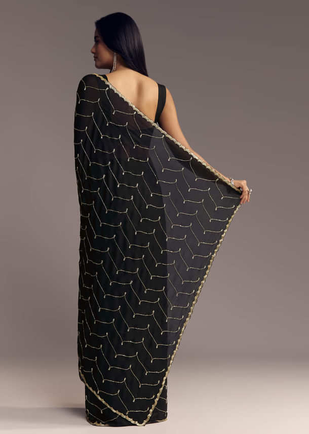 Black Embroidered Chinon Saree With Cut Dana Work